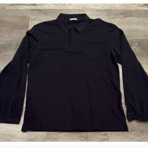 Sunspel Mens Riviera Polo Shirt Size L Navy England Front Pocket Long Sleeve